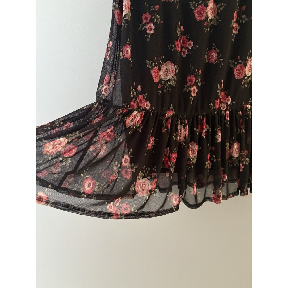 Thyme & Honey Midi Skirt Size S Black Floral Mesh Ruffle Whimsigoth Dark Romance